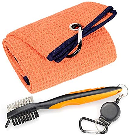 Whole Sale (75 pc) Mile High Life Microfiber Waffle Pattern Tri-fold Golf Towel | Brush Tool Kit with Club Groove Cleaner, Retractable Extension Cord and Clip