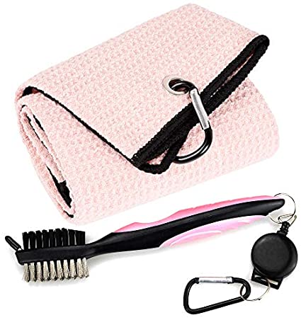 Mile High Life Microfiber Waffle Pattern Tri-fold Golf Towel | Brush Tool Kit with Club Groove Cleaner, Retractable Extension Cord and Clip