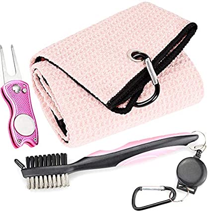 Mile High Life Microfiber Waffle Pattern Golf Towel | Club Groove Cleaner Brush | Foldable Divot Tool with Magnetic Ball Marker