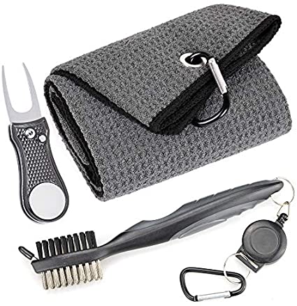 Mile High Life Microfiber Waffle Pattern Golf Towel | Club Groove Cleaner Brush | Foldable Divot Tool with Magnetic Ball Marker
