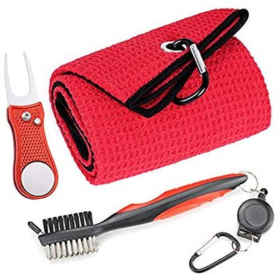 Mile High Life Microfiber Waffle Pattern Golf Towel | Club Groove Cleaner Brush | Foldable Divot Tool with Magnetic Ball Marker