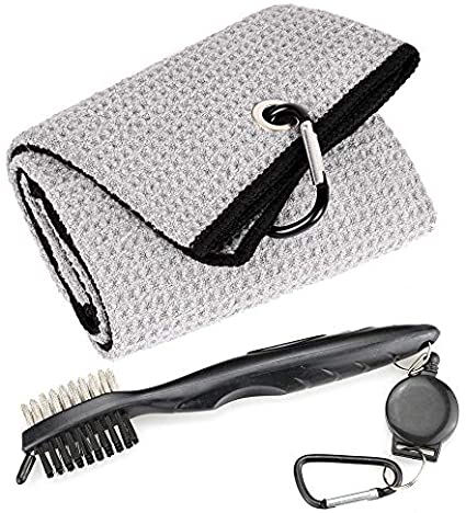 Whole Sale (75 pc) Mile High Life Microfiber Waffle Pattern Tri-fold Golf Towel | Brush Tool Kit with Club Groove Cleaner, Retractable Extension Cord and Clip