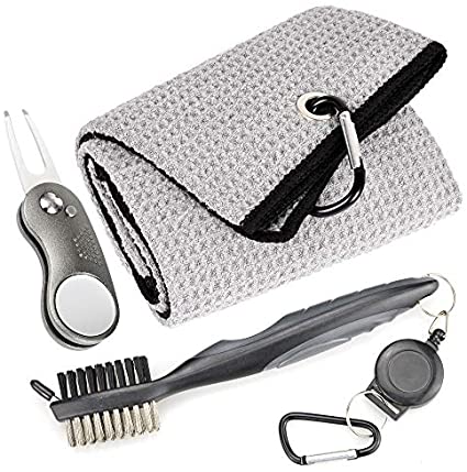 Mile High Life Microfiber Waffle Pattern Golf Towel | Club Groove Cleaner Brush | Foldable Divot Tool with Magnetic Ball Marker
