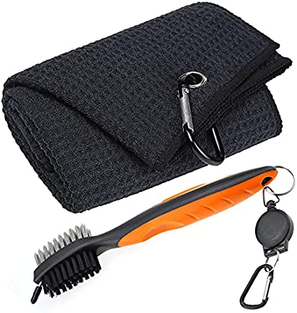 Mile High Life Microfiber Waffle Pattern Tri-fold Golf Towel | Brush Tool Kit with Club Groove Cleaner, Retractable Extension Cord and Clip