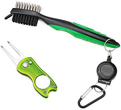 Mile High Life All Metal Foldable Golf Divot Tool with Magnetic Ball Marker & Club Groove Cleaner with Brush and Retractable Extension Cord Combo Set (2 Pack Multi-Colors)