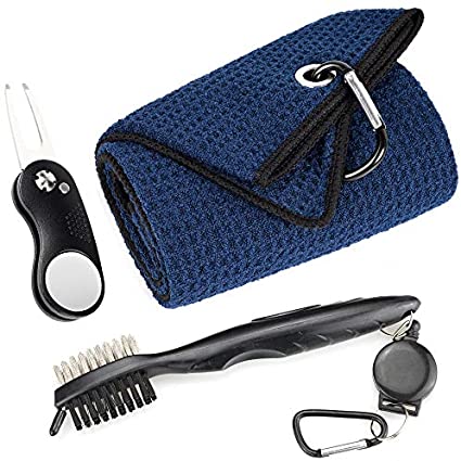 Mile High Life Microfiber Waffle Pattern Golf Towel | Club Groove Cleaner Brush | Foldable Divot Tool with Magnetic Ball Marker