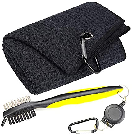 Whole Sale (75 pc) Mile High Life Microfiber Waffle Pattern Tri-fold Golf Towel | Brush Tool Kit with Club Groove Cleaner, Retractable Extension Cord and Clip