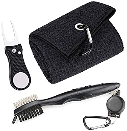 Mile High Life Microfiber Waffle Pattern Golf Towel | Club Groove Cleaner Brush | Foldable Divot Tool with Magnetic Ball Marker