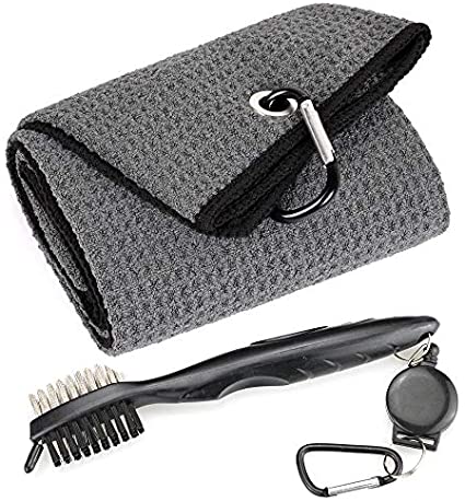 Mile High Life Microfiber Waffle Pattern Tri-fold Golf Towel | Brush Tool Kit with Club Groove Cleaner, Retractable Extension Cord and Clip