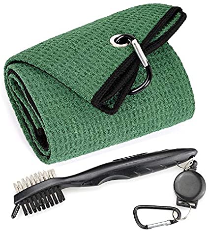Mile High Life Microfiber Waffle Pattern Tri-fold Golf Towel | Brush Tool Kit with Club Groove Cleaner, Retractable Extension Cord and Clip