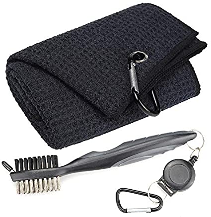 Whole Sale (75 pc) Mile High Life Microfiber Waffle Pattern Tri-fold Golf Towel | Brush Tool Kit with Club Groove Cleaner, Retractable Extension Cord and Clip
