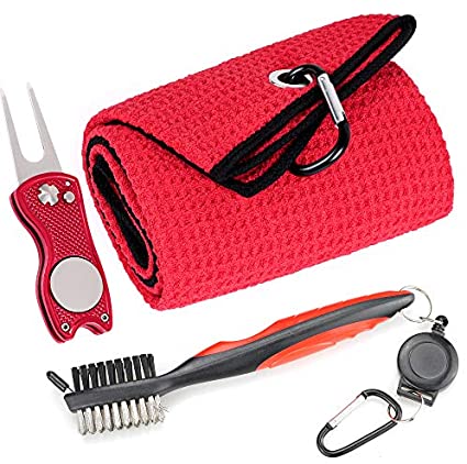 Mile High Life Microfiber Waffle Pattern Golf Towel | Club Groove Cleaner Brush | Foldable Divot Tool with Magnetic Ball Marker