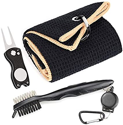 Mile High Life Microfiber Waffle Pattern Golf Towel | Club Groove Cleaner Brush | Foldable Divot Tool with Magnetic Ball Marker