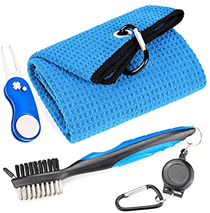 Mile High Life Microfiber Waffle Pattern Golf Towel | Club Groove Cleaner Brush | Foldable Divot Tool with Magnetic Ball Marker