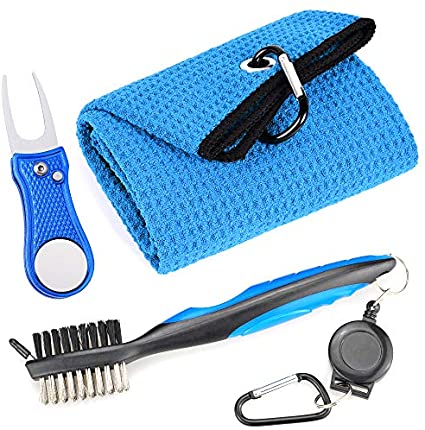 Mile High Life Microfiber Waffle Pattern Golf Towel | Club Groove Cleaner Brush | Foldable Divot Tool with Magnetic Ball Marker