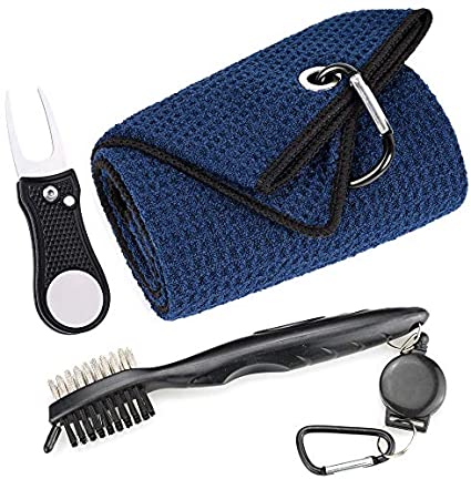 Mile High Life Microfiber Waffle Pattern Golf Towel | Club Groove Cleaner Brush | Foldable Divot Tool with Magnetic Ball Marker