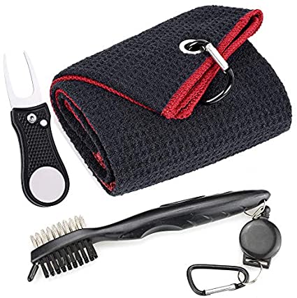 Mile High Life Microfiber Waffle Pattern Golf Towel | Club Groove Cleaner Brush | Foldable Divot Tool with Magnetic Ball Marker