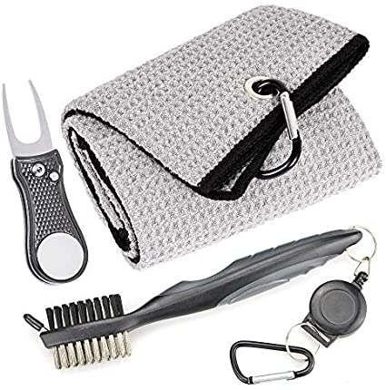 Mile High Life Microfiber Waffle Pattern Golf Towel | Club Groove Cleaner Brush | Foldable Divot Tool with Magnetic Ball Marker