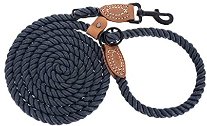 Mile High Life | Dog Rope Leash with Genuine Leather Tailored Connection | Dog Slip Lead | Dual Configuration | with Heavy Duty Metal Sturdy Clasp (Multi- Colors, Diameter 1/2", 7FT/8FT Options)