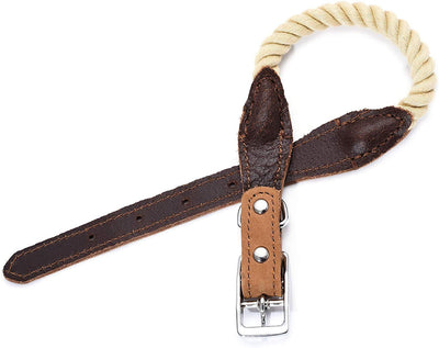 Premium Cotton Rope Leather Dog Collar w/ Stainless Steel Pin Buckle Ring