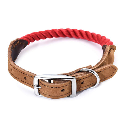 Premium Cotton Rope Leather Dog Collar w/ Stainless Steel Pin Buckle Ring