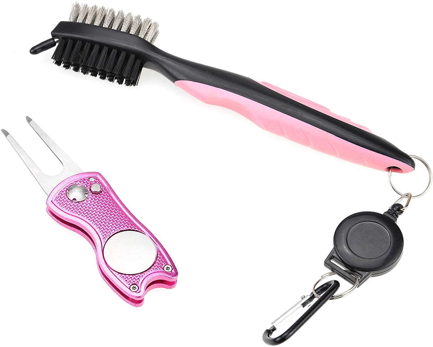 Mile High Life All Metal Foldable Golf Divot Tool with Magnetic Ball Marker & Club Groove Cleaner with Brush and Retractable Extension Cord Combo Set (2 Pack Multi-Colors)