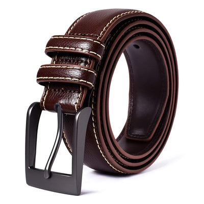 Premium Classic Leather Dress Belt | Double Stitched Loops Thick 1 3/8" | Bassic Dark Satin Solid Nickel Prong Buckle