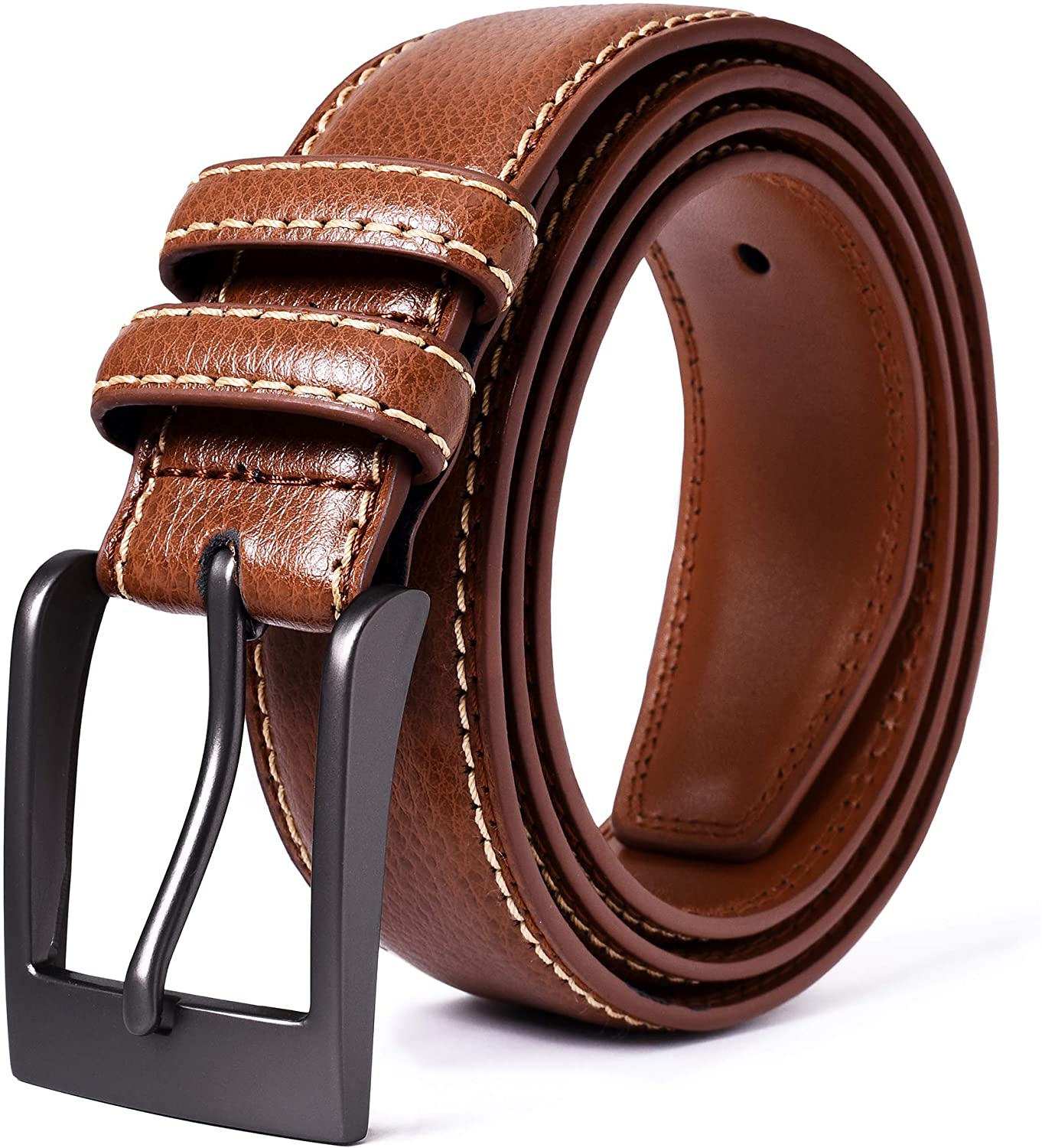 Premium Classic Leather Dress Belt | Double Stitched Loops Thick 1 3/8" | Bassic Dark Satin Solid Nickel Prong Buckle